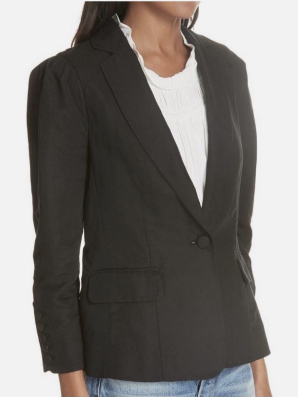 FRAME Black Linen Blend Blazer Size 12 Lightweight Tailored Minimalist Jacket - Picture 12 of 12